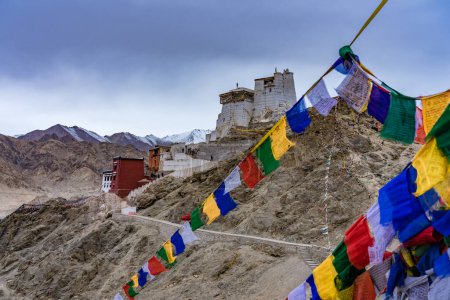 Téléchargez les photos : "Namgyal Tsemo Gompa avec des drapeaux de prière sur la falaise de Namgyal colline et Himalaya. Leh, Ladakh, Jammu-et-Cachemire, Inde" - en image libre de droit