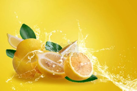 Photo for Water splashing on Fresh Sliced Ripe yellow lemon fruit isolated - Royalty Free Image