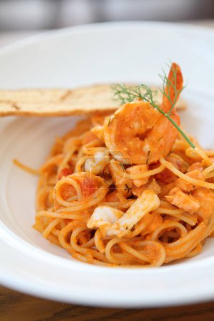Photo for Spaghetti with seafood on background, close up - Royalty Free Image