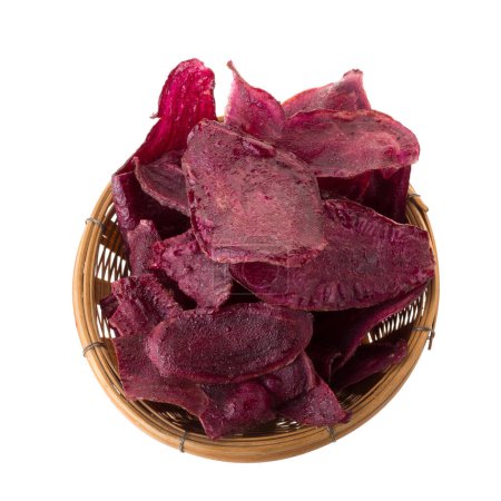 Photo for Purple potatoes Sliced and fried crisps In the basket isolated on white background - Royalty Free Image