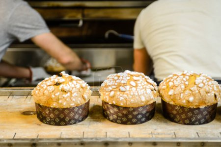 Téléchargez les photos : "pastry chef in professional kitchen preparing and baking milanese panettone in christmas time." - en image libre de droit