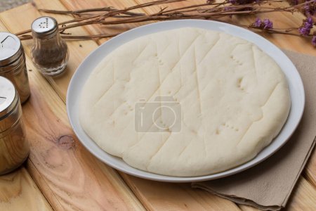 Photo for "Dough bread, pizza or pie recipe homemade preparation" - Royalty Free Image