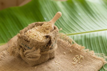 Téléchargez les photos : Brown rice in sacks on banana leaves - en image libre de droit