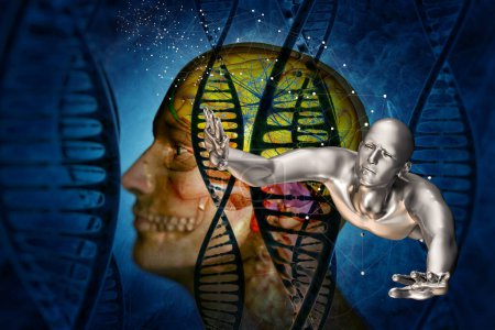 Foto de ADN, molécula de neuronas y el hombre en el fondo del arte - Imagen libre de derechos