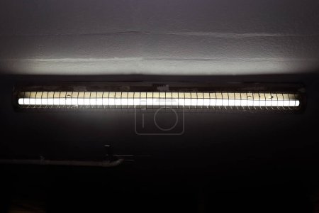 Foto de Viejas lámparas fluorescentes en el techo, lámparas fluorescentes en la oscuridad, luz de neón, bombilla fluorescente como energía eléctrica - Imagen libre de derechos