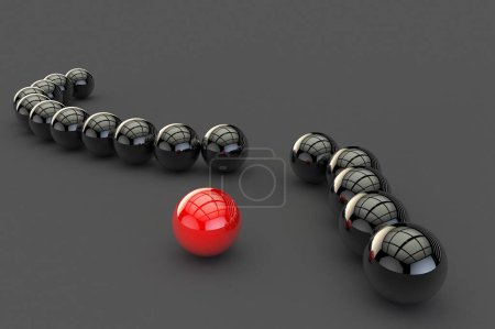Foto de Cadena rota de bolas 3D negras con un revestimiento reflectante y una bola roja de pie por separado, de pie sobre una superficie gris - Imagen libre de derechos