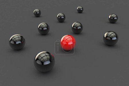 Téléchargez les photos : Image 3D d'une boule rouge brillant, un étranger parmi de nombreuses boules noires sur une surface grise - en image libre de droit