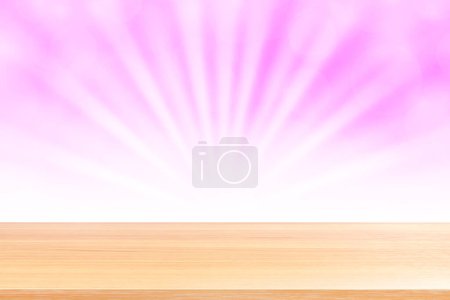 Photo for "empty wood table floors on soft pink bokeh lights beam shine gradient background, wooden plank empty on pink bokeh colorful light shine, pink colorful bokeh lights gradient soft for banner advertising" - Royalty Free Image