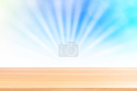 Foto de "empty wood table floors on soft blue bokeh lights beam shine gradient background, wooden plank empty on blue bokeh colorful light shine, colorful bokeh lights gradient soft for banner advertising" - Imagen libre de derechos