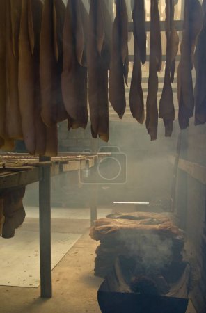Téléchargez les photos : Caoutchouc naturel à séchage à chaud dans un fumoir - en image libre de droit