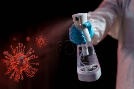 Photo for Hand using sanitizer spray, alcohol spraying disinfectant - Royalty Free Image
