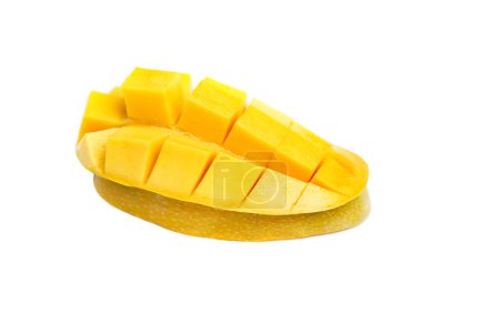 Photo for Yellow mango and mango slice on cubes isolated white isolated - Royalty Free Image