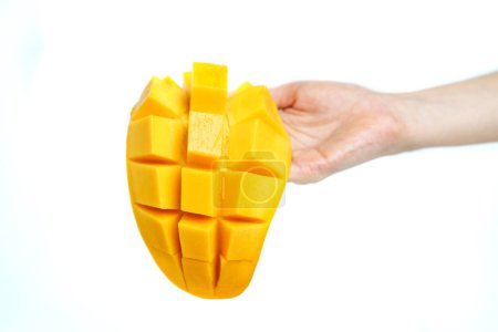 Téléchargez les photos : Main à la mangue jaune et tranche de mangue sur cubes isolés blanc - en image libre de droit