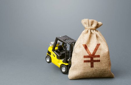 Photo for A forklift cannot lift a Yen yuan money bag. Strongest financial assistance, support of business and people. Fed interest rate. Helicopter money, subsidies and soft loans. Stimulating the economy - Royalty Free Image