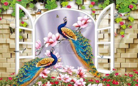 Photo for 3D flower peacock round background wall - Royalty Free Image