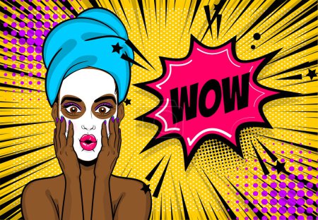 Téléchargez les photos : Pop art noir fille cosmétique masque wow visage - en image libre de droit