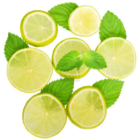 Téléchargez les photos : Lime fraîche avec des feuilles de menthe vue de dessus - en image libre de droit