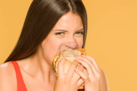 Téléchargez les photos : Vue rapprochée de femme manger un hamburger - en image libre de droit