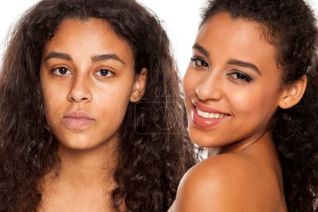 Téléchargez les photos : Jeune femme à la peau foncée sans, et avec maquillage - en image libre de droit