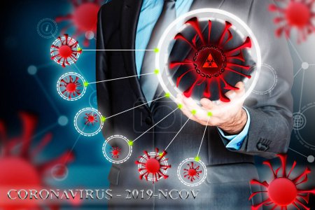 Téléchargez les photos : "Homme d'affaires avec le symbole de danger du coronavirus. Virus qui attaque les voies respiratoires. Pandémie mondiale de virus" - en image libre de droit