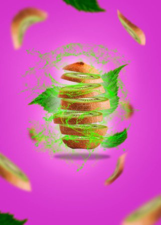 Photo for Kiwi levitation on a purple background with leaf levitating. High resolution image. Health concept and healthy food on levitation - Royalty Free Image