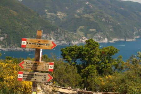 Photo for Warning signs on the paths of the Cinque Terre, Wooden arrows - Royalty Free Image
