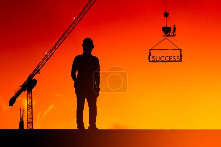 Photo for Silhouette of the success of the construction worker, the concept of success of the work is tired than to accomplish it, which has been difficult. - Royalty Free Image