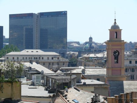 Photo for Panorama of Genoa with modern glass buildings and insignia - Royalty Free Image