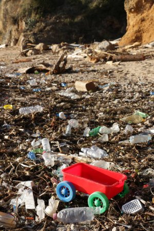 Foto de Residuos plásticos depositados del mar en la playa - Imagen libre de derechos