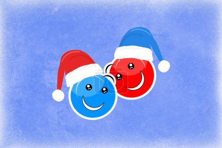 Photo for Two smiling faces on a blue background in holiday hats symbolize Christmas and New Year - Royalty Free Image