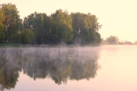 Téléchargez les photos : Matin brumeux en automne avec reflet d'arbres dans le lac - en image libre de droit