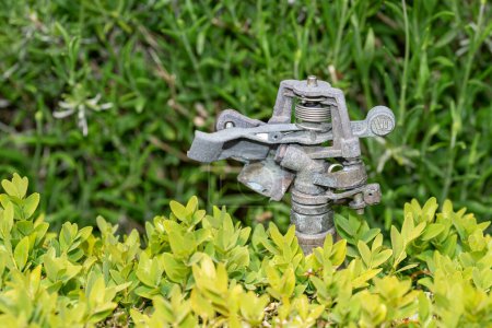 Téléchargez les photos : Un arroseur d'irrigation au bord du jardin prêt à irriguer l'herbe sèche et la fin de la journée - en image libre de droit