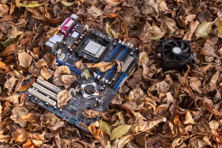 Photo for Thrown to the dump because of a breakdown of the computer motherboard on the autumn foliage - Royalty Free Image
