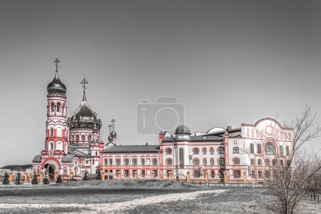 Photo for Christian church on the field in gray tones - Royalty Free Image