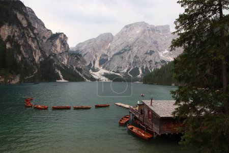 Photo for Braies lake on nature background - Royalty Free Image