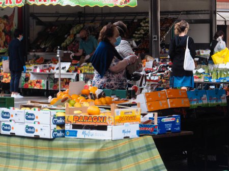 Photo for Cremona, Lombardy, Italy - 16 th may 2020 - People doing grocery shopping during covid-19 - Royalty Free Image