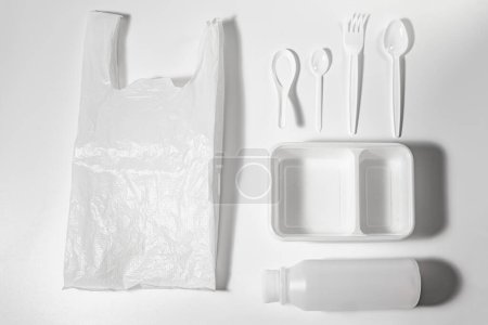 Photo for Stop using plastic. Plastic waste collection Plate, bowl, Spoon - Royalty Free Image