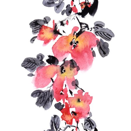 Téléchargez les photos : Aquarelle illustration florale dans le style asiatique - en image libre de droit