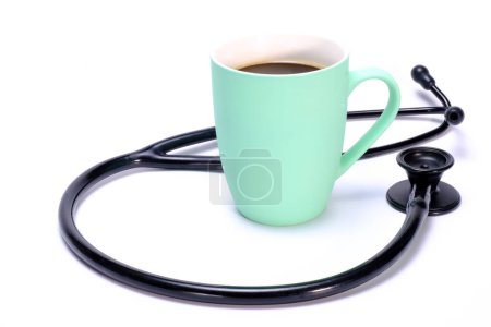 Photo for Stethoscope and coffee mug on background, close up - Royalty Free Image