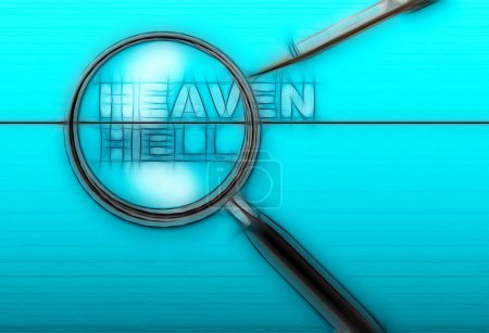 Photo for Heaven - hell  with magnifying glass on background, close up - Royalty Free Image
