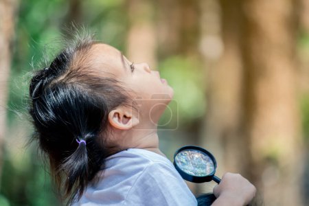Téléchargez les photos : "Asiatique petite fille main tenant loupe et regardant vers le pin pour étudier l'environnement." - en image libre de droit