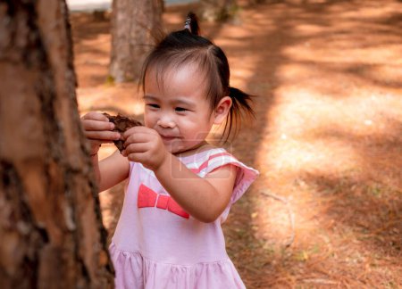 Photo for Happy Asian little girl stand playing under pine tree, smiley face with sunlight in morning of summer. - Royalty Free Image