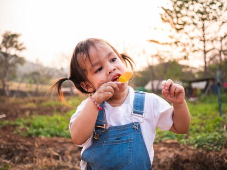 Téléchargez les photos : "Asian little girl walking in the park and eating ice cream deliciously in summer. Cute face." - en image libre de droit