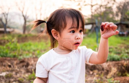 Photo for Asian little girl testing fresh mulberry - Royalty Free Image