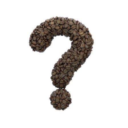 Téléchargez les photos : "Point d'interrogation du café - Symbole des grains torréfiés 3d - Convient aux sujets liés au café, à l'énergie ou à l'insomnie" - en image libre de droit