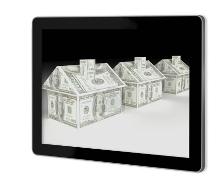 Téléchargez les photos : 3d rendu d'une tablette avec des maisons faites de dollars - en image libre de droit