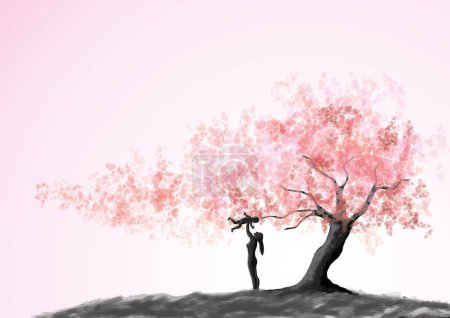 Foto de Feliz familia amorosa. Madre e hijo jugando bajo el árbol del amor, estilo de pintura acuarela. Día de la madre tarjeta de felicitación fondo - Imagen libre de derechos