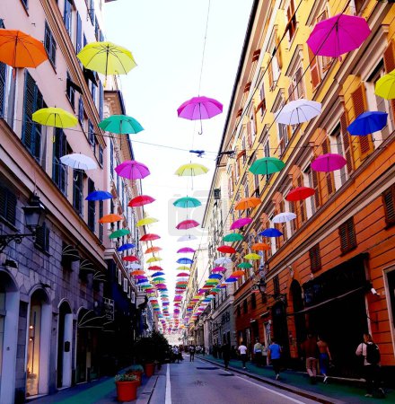 Photo for Pride month. Color umbrellas hanging on street - Royalty Free Image