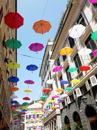 Photo for Pride month. Color umbrellas hanging on street - Royalty Free Image