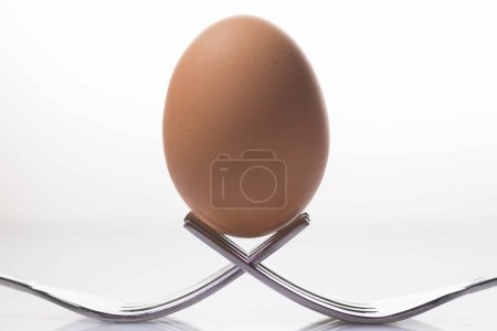 Foto de Huevo en equilibrio sobre dos horquillas cruzadas, aislado sobre fondo blanco - Imagen libre de derechos